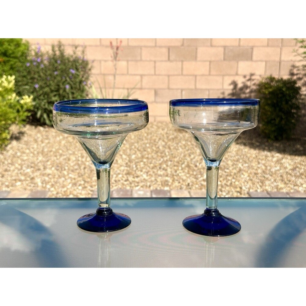 Mexican Hand Blown Margarita Glasses Set of 2 Clear With Cobalt Blue Rim